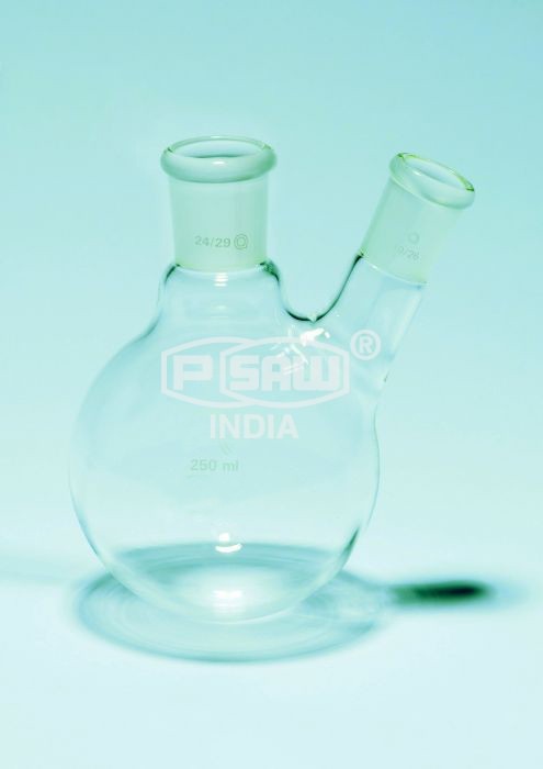 ROUND BOTTOM FLASK TWO NECKS, CENTRE NECK AND ONE PARALLEL SIDE NECK PSAW